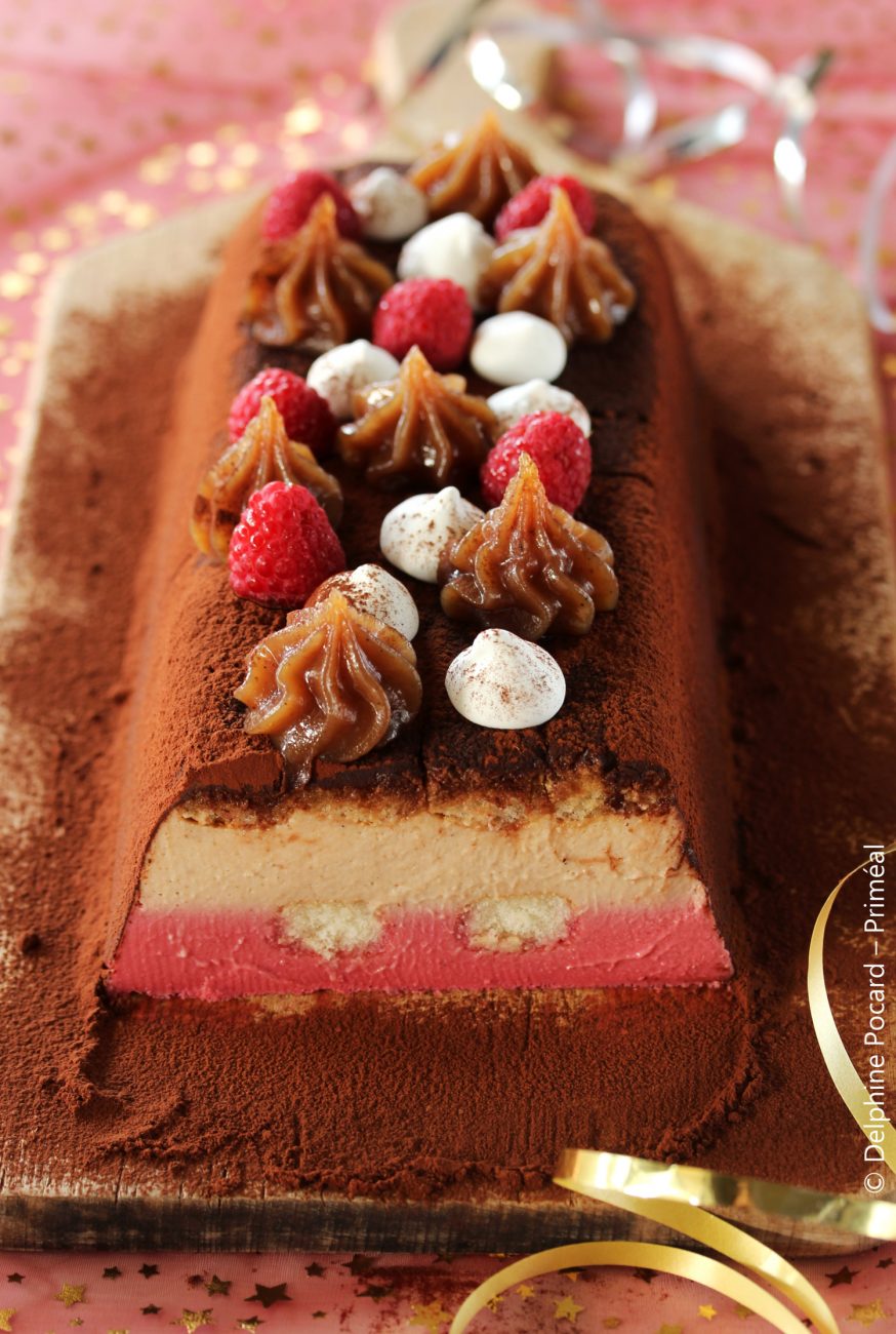 Bûche châtaigne et framboise, façon tiramisu